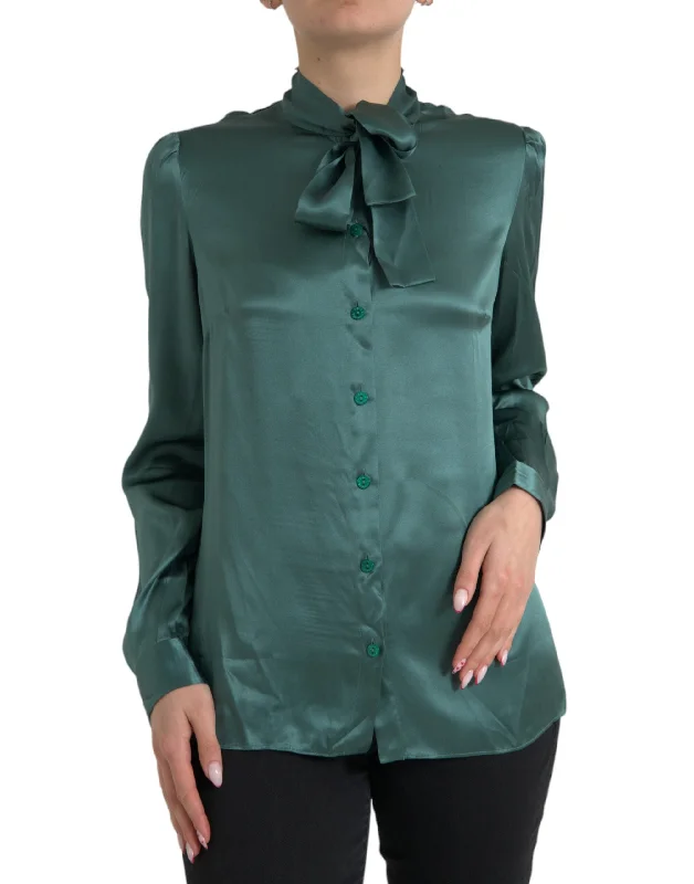 Elegant Dark Green Silk Blouse Top Double Button Blouse