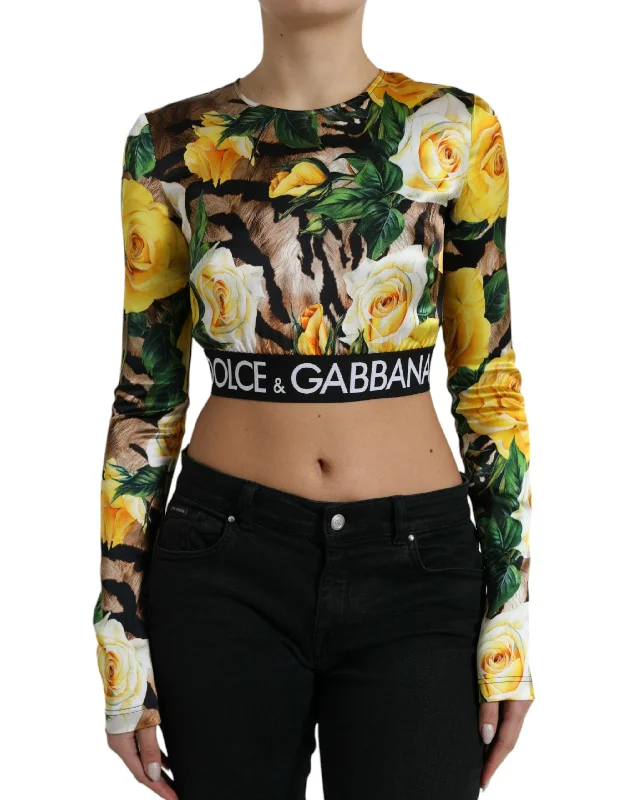 Elegant Floral Cropped Blouse Top Satin Drape Blouse