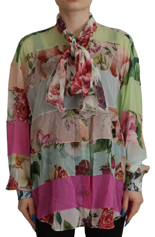 Elegant Floral Patchwork Silk Blouse Short Sleeve Blouse