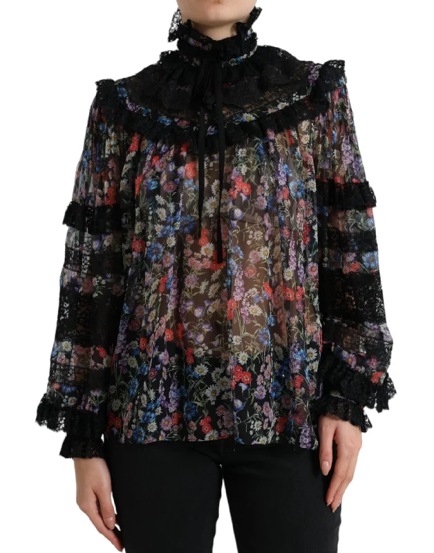 Elegant Floral Silk Blouse with Lace Trim Satin Long Blouse