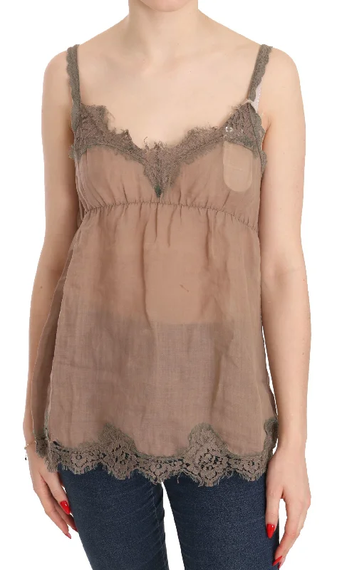 Elegant Lace Brown Linen Blouse Puff Sleeve Blouse