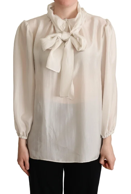 Elegant Light Gray Silk Ascot Blouse Elegant Silk Blouse