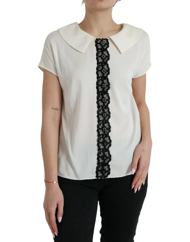 Elegant Off-White Lace-Trim Silk Blouse Satin Drape Blouse