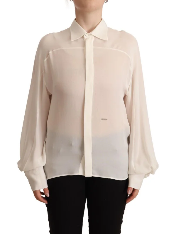 Elegant Off White Silk Long Sleeve Blouse Wrap Front Blouse