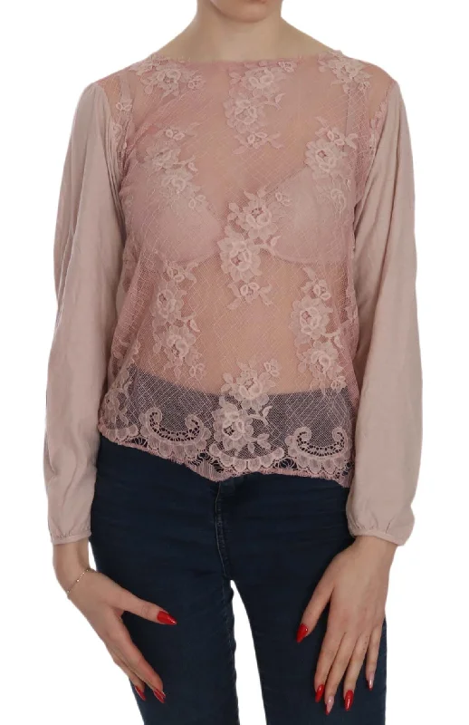 Elegant Pink Lace Boat Neck Blouse Slim Fit Blouse