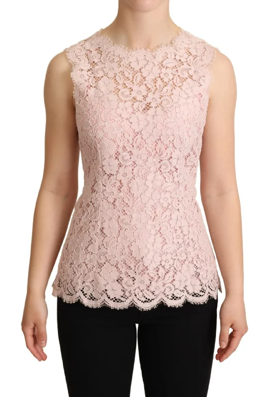 Elegant Pink Lace Sleeveless Blouse Floral Chiffon Blouse
