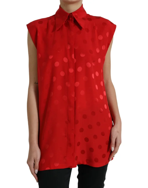 Elegant Polka Dot Sleeveless Silk Blouse Subtle Shimmer Blouse