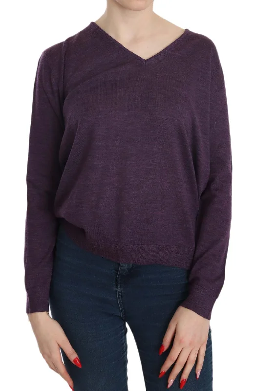 Elegant Purple V-Neck Wool Blouse Embroidered Floral Blouse