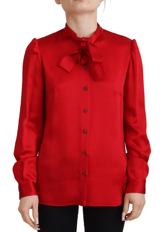 Elegant Red Ascot Collar Blouse Lightweight Chiffon Blouse