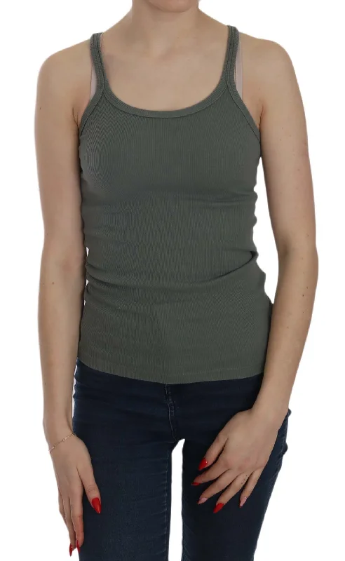 Elegant Round Neck Sleeveless Green Cotton Blouse Versatile Layering Blouse