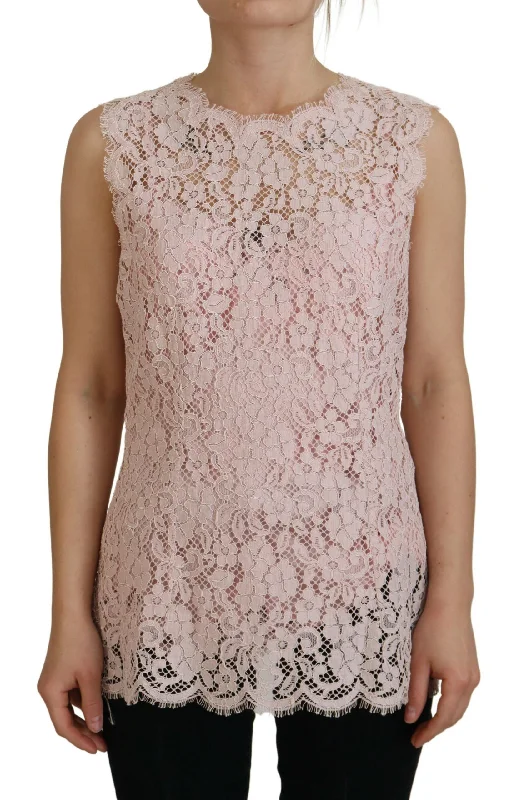 Elegant Sheer Lace Sleeveless Blouse in Pink Backless Summer Blouse