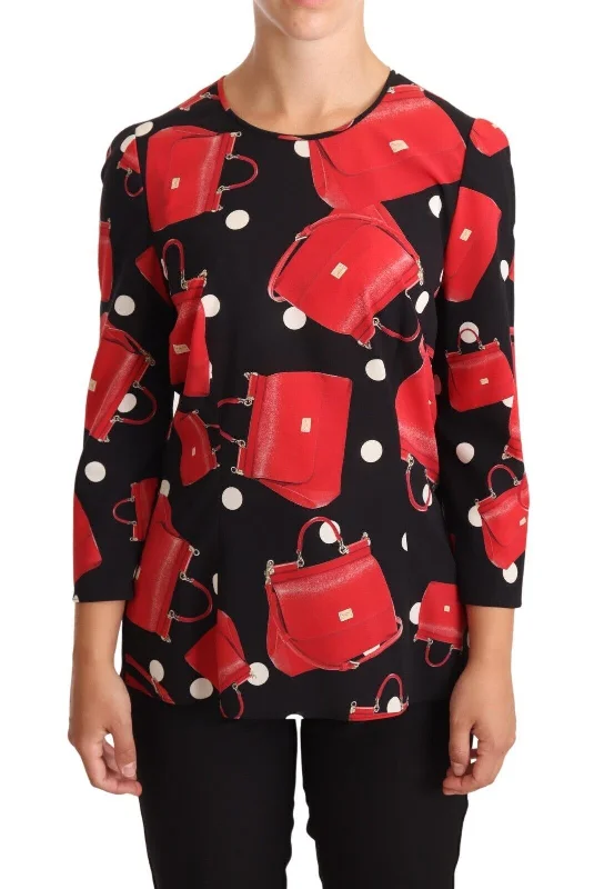 Elegant Sicily Bag Print Blouse Asymmetric Hem Blouse
