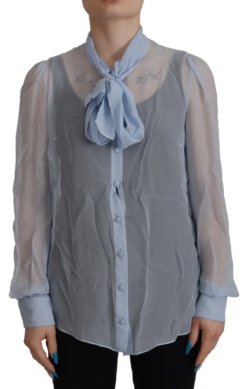 Elegant Silk Ascot Collar Blouse in Light Blue Casual Relaxed Blouse