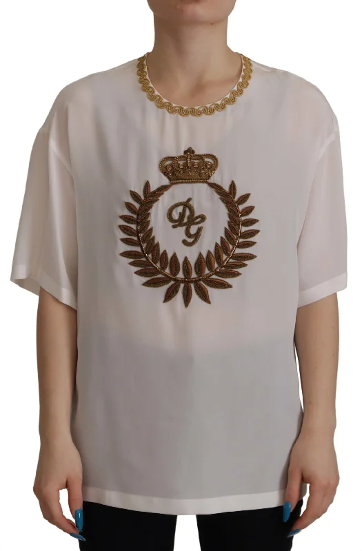 Elegant Silk Blouse with Gold Crown Embroidery Airy Cotton Blouse