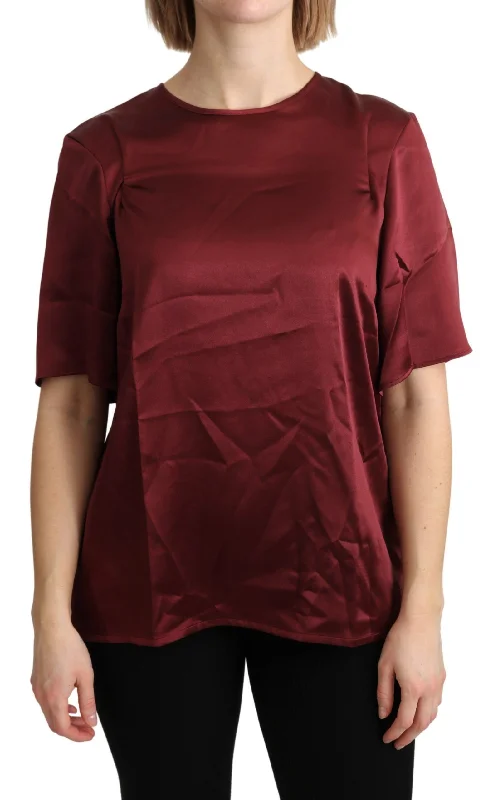 Elegant Silk Bordeaux Blouse Feminine Puff Blouse