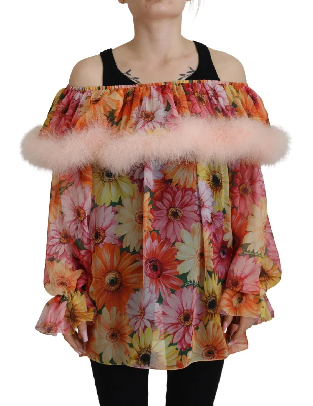 Elegant Silk Floral Off-Shoulder Blouse Floral Print Blouse