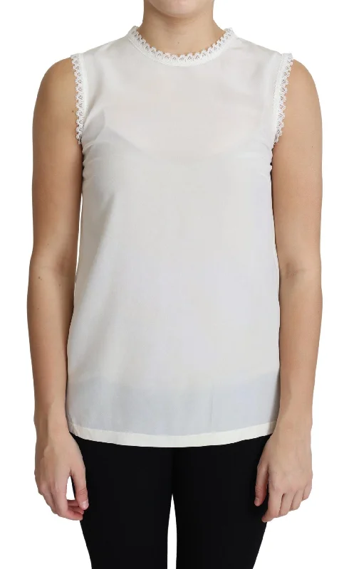 Elegant Silk Lace-Detailed Sleeveless Blouse Embroidered Floral Blouse