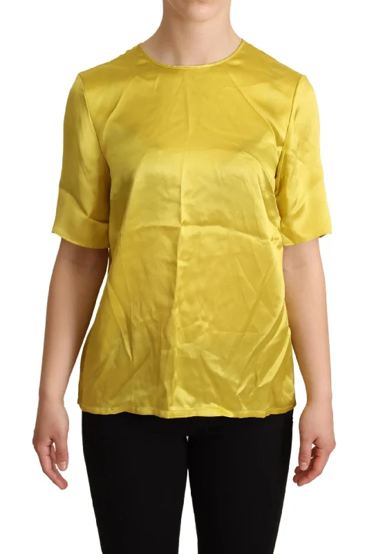 Elegant Silk Short Sleeve Blouse Top - Yellow Modern Work Blouse