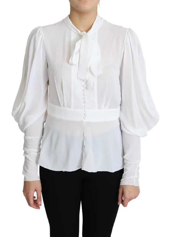 Elegant Snow-White Viscose Blouse Bell Sleeve Blouse
