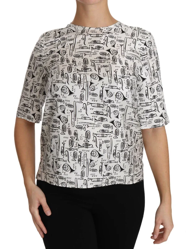 Elegant Trumpet Print Silk Blouse Top Polished Work Blouse