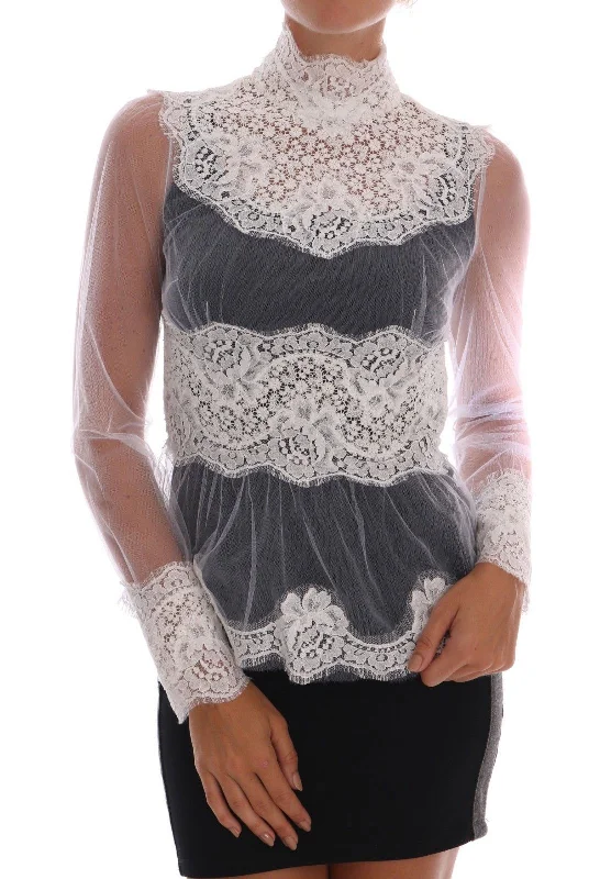Elegant White Floral Lace Blouse Top Delicate Pleat Blouse