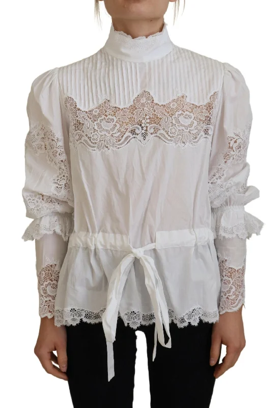 Elegant White Lace Trim Cotton Blouse Drape Neck Blouse