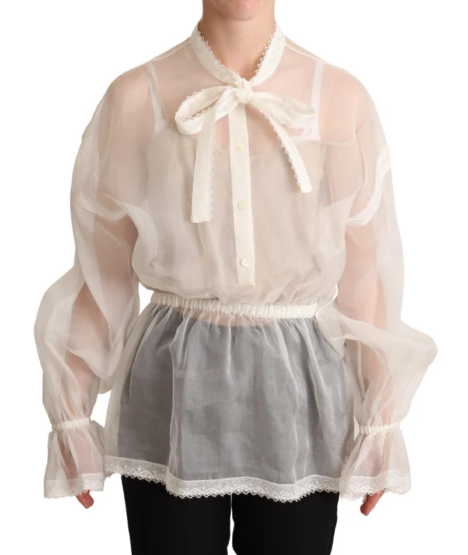 Elegant White Silk-Cotton Ascot Blouse Elegant Embroidery Blouse