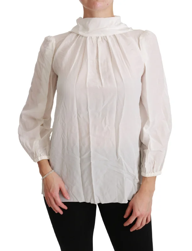 Elegant White Silk Turtle Neck Blouse Puff Sleeve Blouse