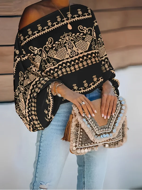 Ethnic Print Off Shoulder Blouse Bohemian Batwing for Women Classic Striped Blouse