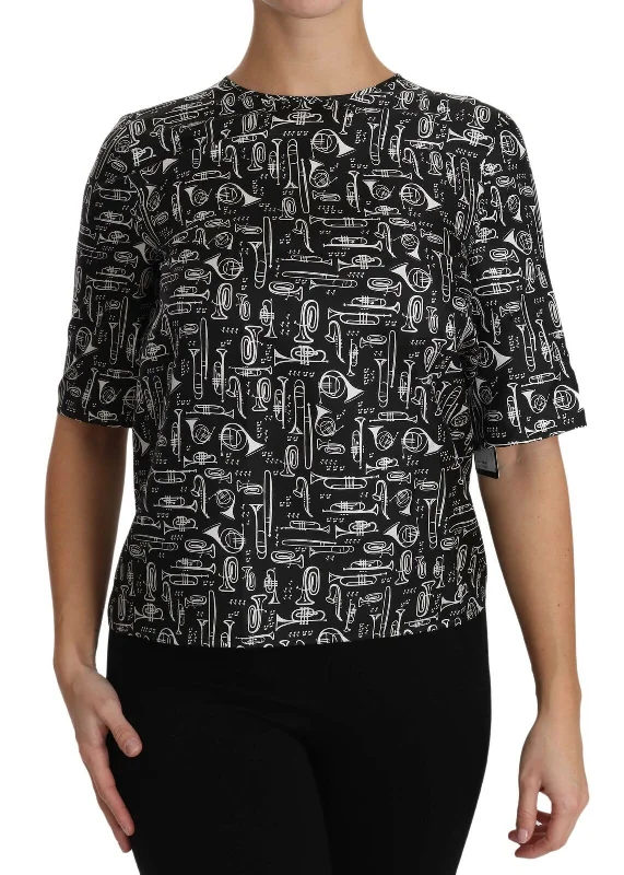 Exquisite Trumpet Print Silk Blouse Lightweight Linen Blouse