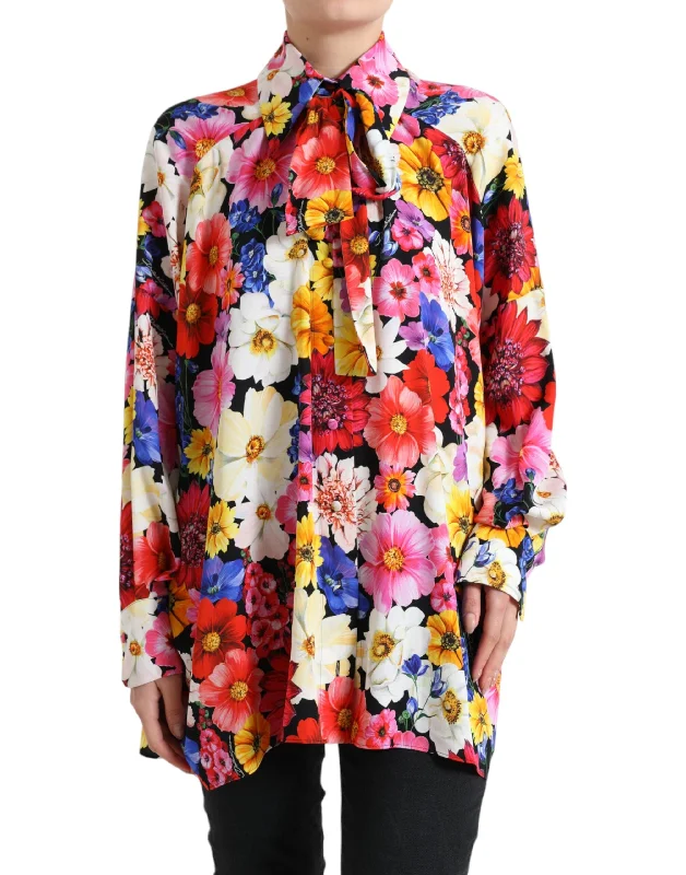 Floral Silk Blouse with Front Tie Fastening Floral Print Blouse