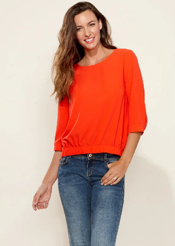Gathered Hem Scoop Neck Blouse In Flamingo Classic Minimalist Blouse