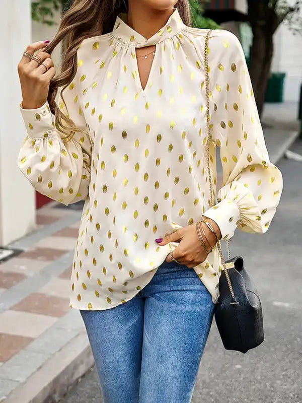 Gold Dot Print Temperament commuting polka dot blouse Embroidered Floral Blouse