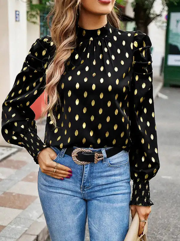 Gold Dot Print Temperament commuting round neck long-sleeved blouse Elegant Office Blouse