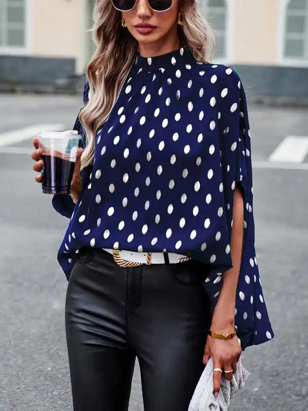 Golden Polka Dot Temperament Design Sense Long-Sleeved blouse Asymmetric Hem Blouse