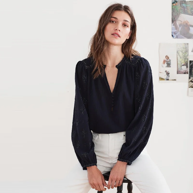 Jacey Lurex Embroidered Blouse Collared Satin Blouse