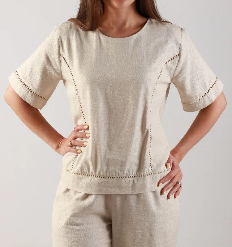 "LADLACE" - BLOUSE - LINEN OAT Stretchy Fitted Blouse