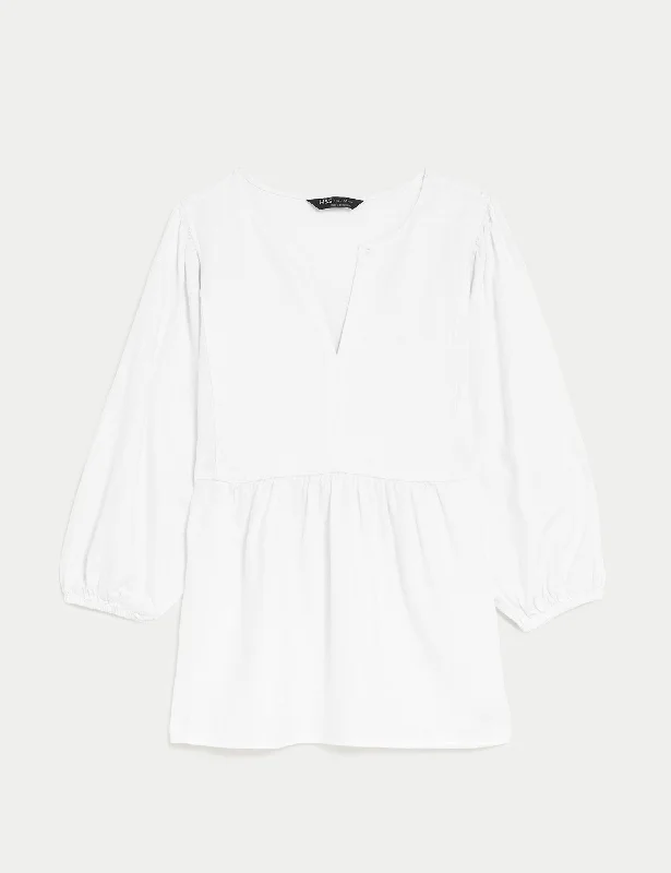 Linen Rich V-Neck Puff Sleeve Blouse Ruffled Neck Blouse