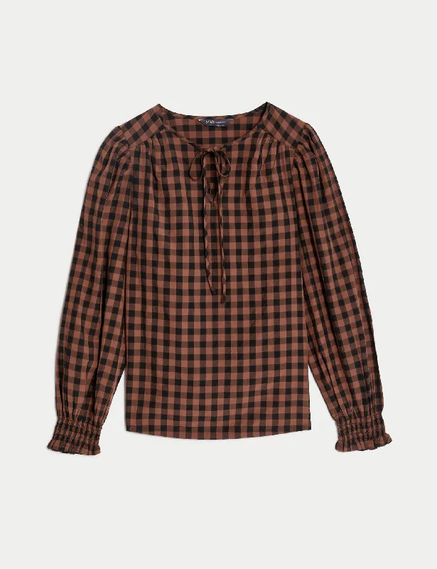 Modal Rich Checked Tie Neck Blouse Polished Work Blouse