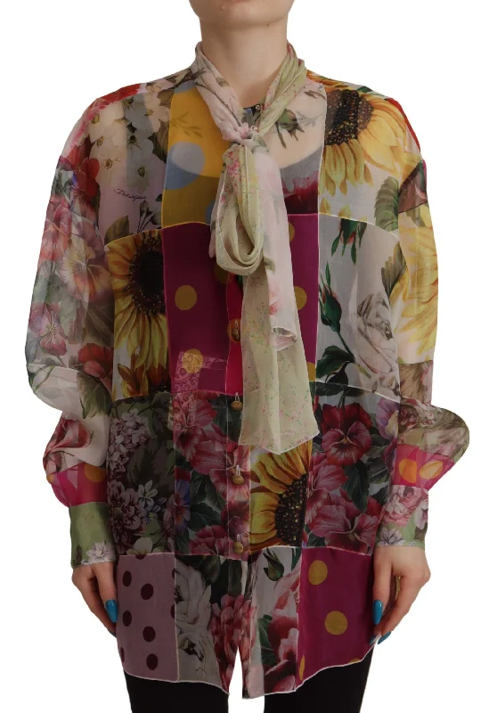 Multicolor Silk Ascot Collar Blouse Off-Shoulder Wrap Blouse