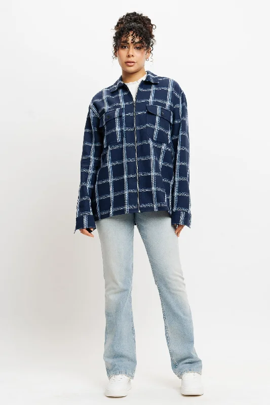 Navy Checks Women's Shacket Sleeveless Summer Blouse