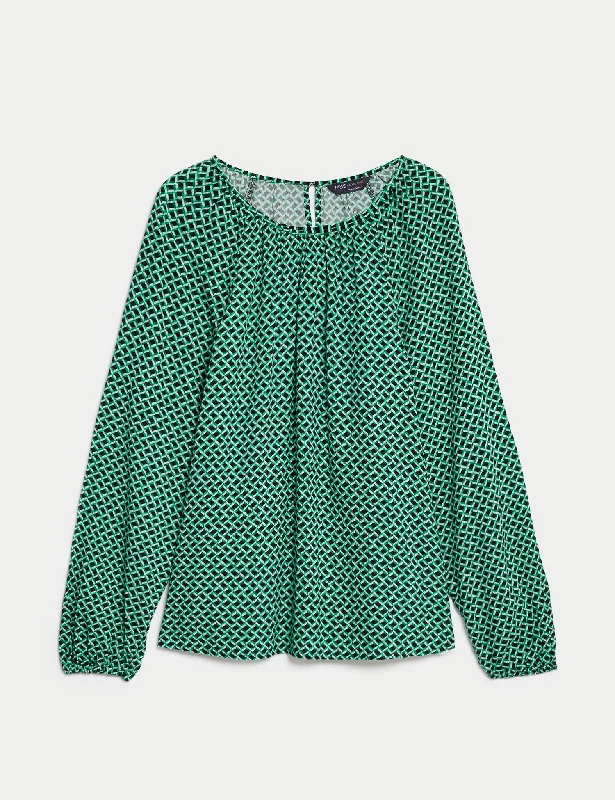 Printed Crew Neck Blouse Backless Summer Blouse