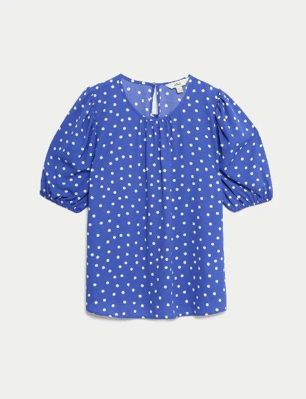 Printed Puff Sleeve Blouse Delicate Bow Blouse
