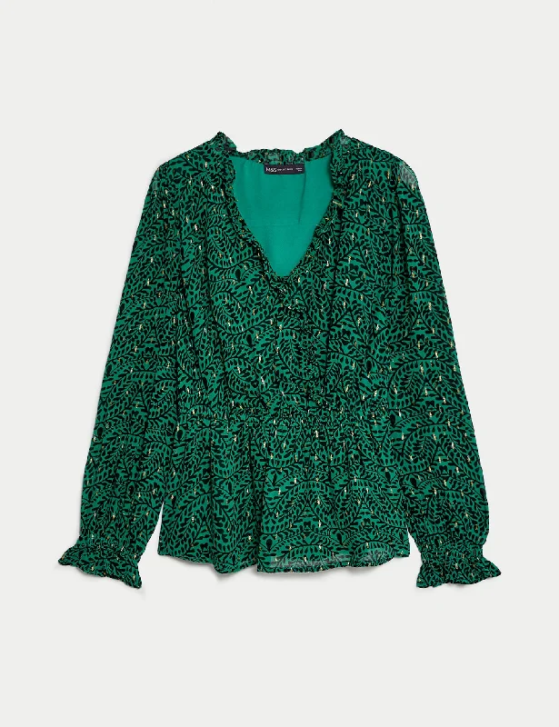 Printed V-Neck Ruffle Puff Sleeve Blouse Elegant Embroidery Blouse