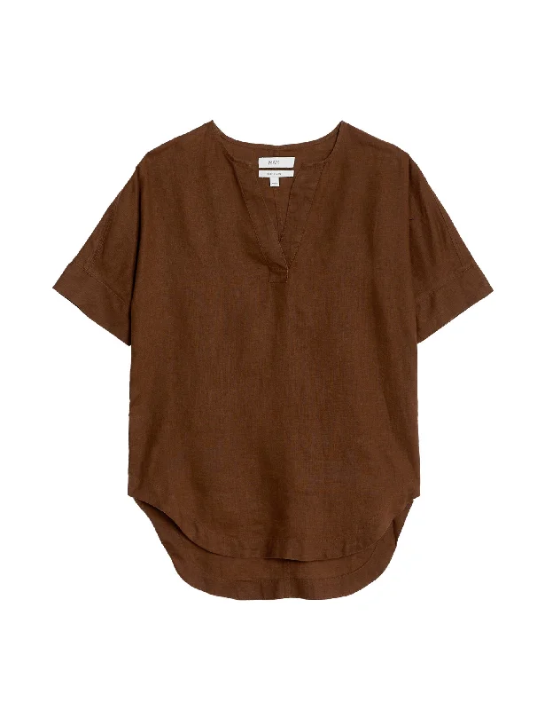 Pure Linen V-Neck Popover Blouse Sheer Sleeve Blouse