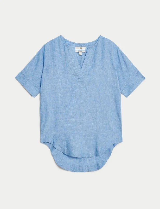 Pure Linen V-Neck Popover Blouse Soft Satin Blouse