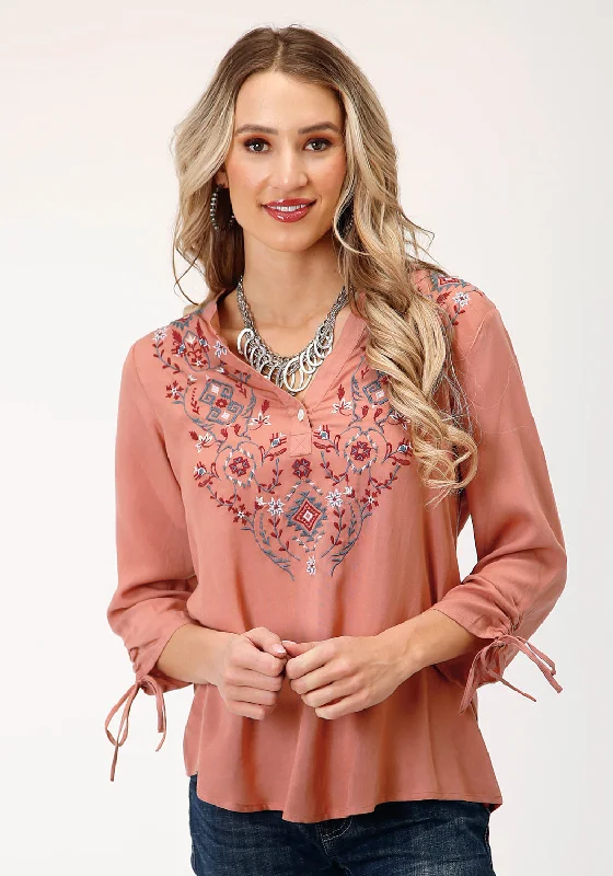 Roper Womens Aztec Embroidered Dark Coral 100% Rayon S/S Blouse Bell Sleeve Blouse