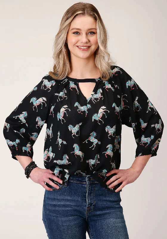 Roper Womens Black Rayon/Nylon Wild Horses 3/4 Sleeve Blouse Loose Oversized Blouse