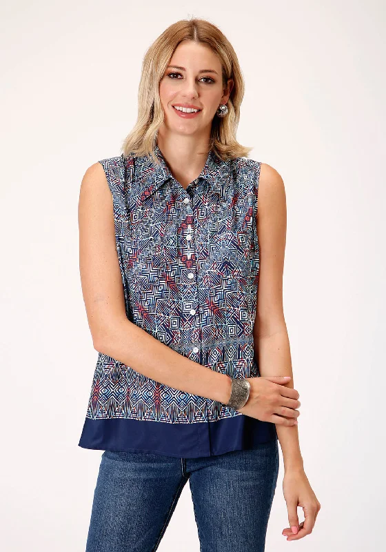 Roper Womens Blue Polyester Tribal Border S/L Blouse Drape Neck Blouse