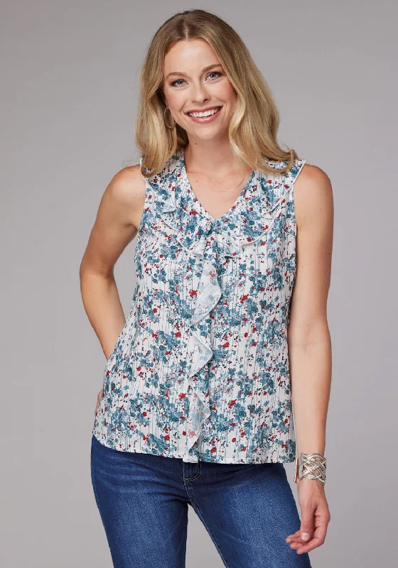 Roper Womens Ditzy Floral Stripe White Multi 100% Rayon S/L Blouse Mandarin Collar Blouse